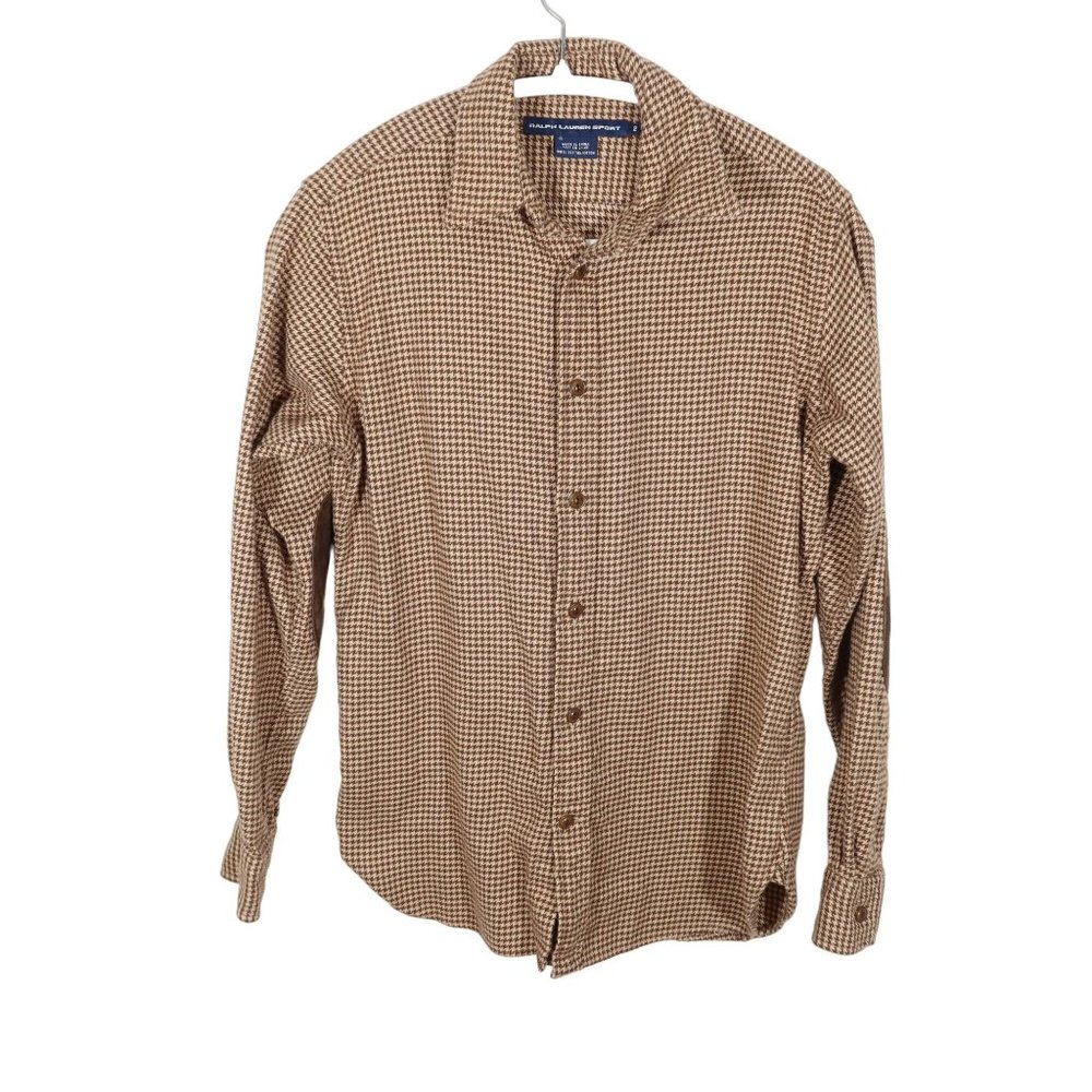 RALPH LAUREN SPORT Brown Houndstooth Elbow Patch Flannel Button Up Shirt Size 2